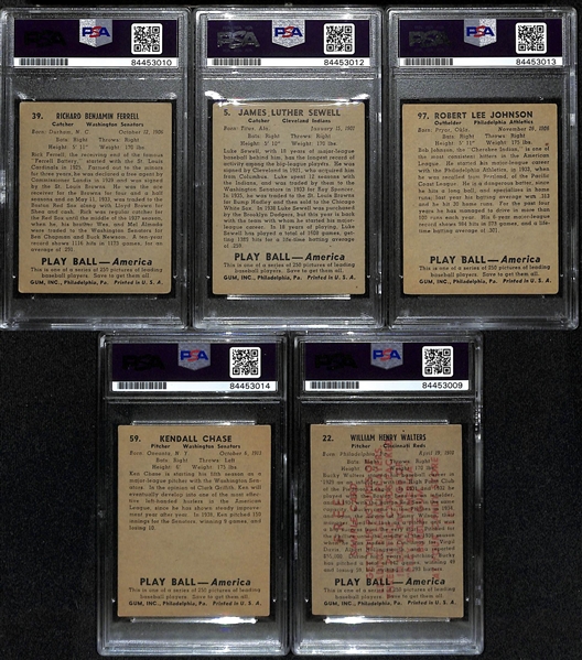 (5) Signed 1939 Play Ball Cards - Rick Ferrell, Luke Sewell, Bob Johnson, Ken Chase, & Bucky Walters (All PSA/DNA Slabbed)